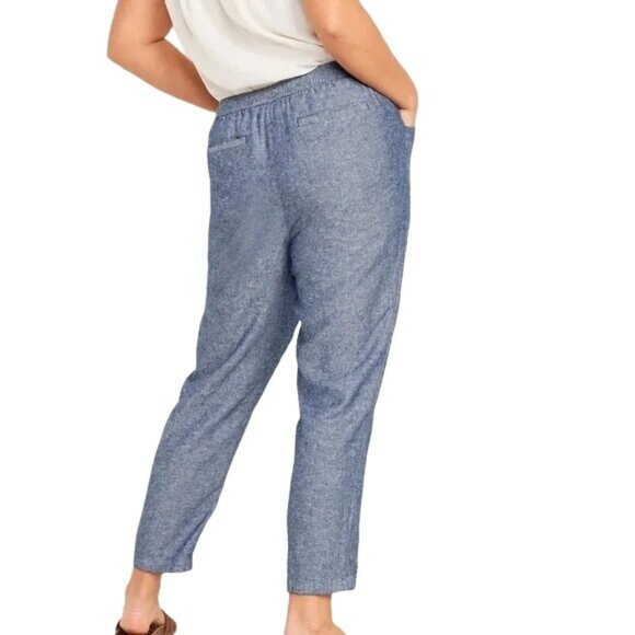 Old Navy Chambray Tapered Pull On Pants Women L Blue Linen Blend Elastic Waist - Picture 2 of 10